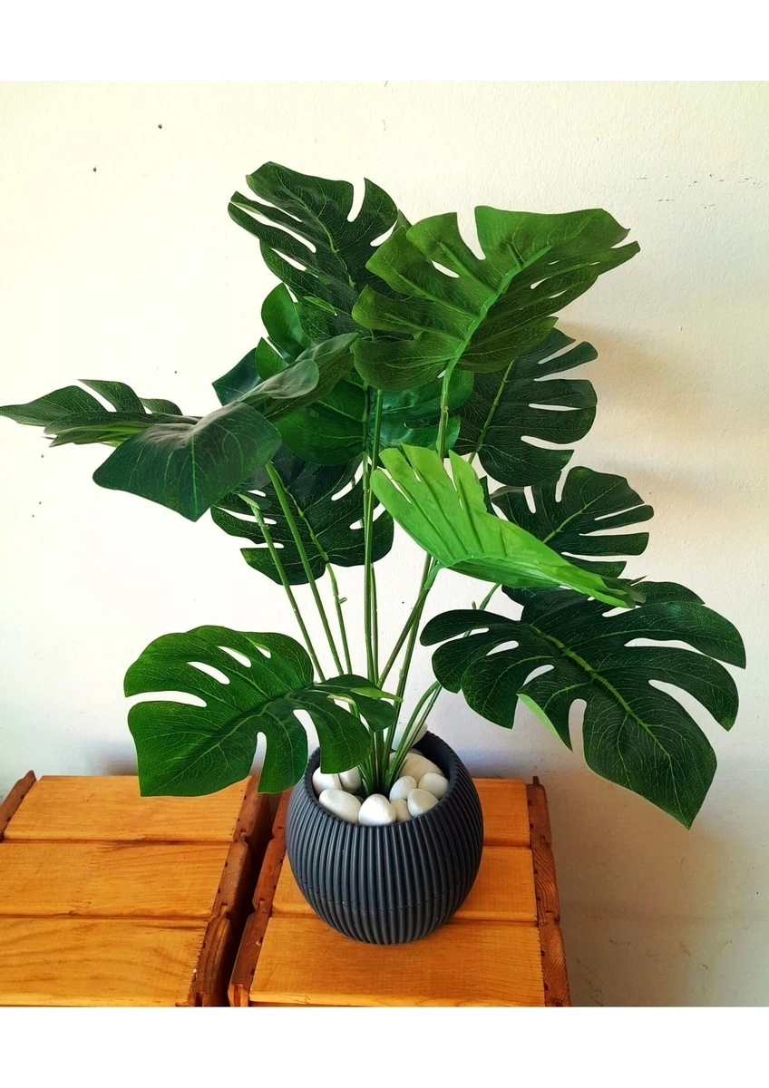 Saksıda Devetabanı Monstera Yapay Çiçek 12 Dal 60 cm Salon Çiçeği